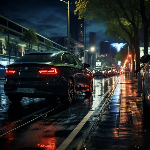 Create a detailed and realistic photo of a car getting electrified for waiting too long at a green light. The car should be blocking a long line of cars with angry drivers. --s 250
