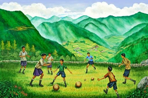 E. H. Shepard style, Hmong boys and girls playing soccer, green mountains background --ar 3:2