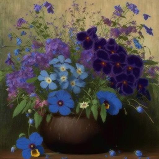 indigo violets and purple pansies and cornflower blue coneflowers by julian onderdonk --v 4