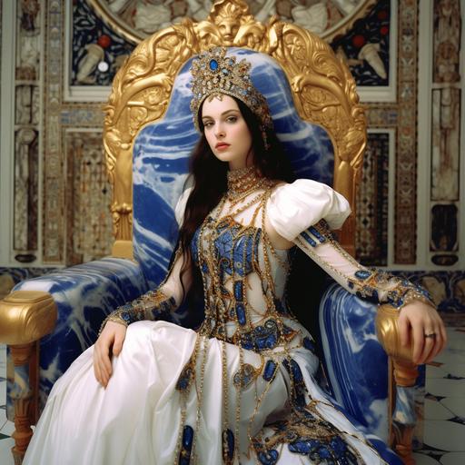 a very pretty young Caucasian woman, age 19, seated on a throne of polished white marble upholstered with royal blue fabric, in a throne room formed by colored stained glass. the young woman wears blue costumes, in the haute-fantasy style with golden details. her hair is black, long and straight, it is loose, her skin is white and pink on her cheeks. Her eyes have golden-yellow irises. On her head is a fine golden crown, with details in sapphires and gold leaf. She is queen of a kingdom called Manvior, the land of Light. she does not wear a veil. oil painting style, realistic, lord of the rings style