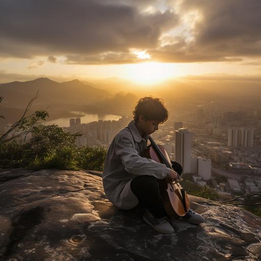 EMOTION: dreamy | SCENE: a boy sits cross legged on the mountains in Sao Paulo, Brazil with a laptop in his lap and watches the sun rise over the city and its coast | BACKGROUND: violin, choir, pop music | CAMERA LENSE: 15mm f/ 2.8
