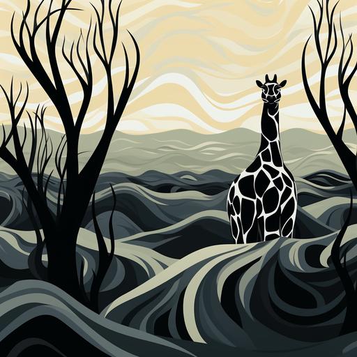 EXTREME WHITE THICK LINES, VERY WIDE BOLD BLACK OUTLINES, an abstract themed wallpaper, GIRAFFE in a field, abstract grass, make this a repeatable pattern