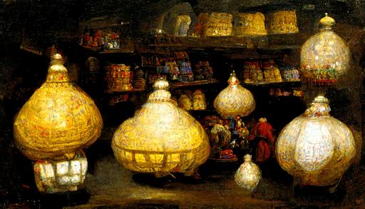 Rembrandt, middle-eastern marketplace interior, lanterns on shelves::2 --ar 16:9