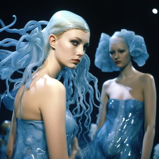 Early 2000 Blue Sea Life Fashion Week backstage, alien underwater female models wet glass skin, texture avant-garde hair, dripping haute Couture translucent dress, octopus shape, surreal 64k very detailed life sample --v 5