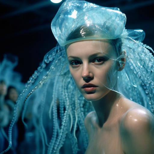 Early 2000 Blue Sea Life Fashion Week backstage, alien underwater female models wet glass skin, texture avant-garde hair, dripping haute Couture translucent dress, octopus shape, surreal 64k very detailed life sample --v 5