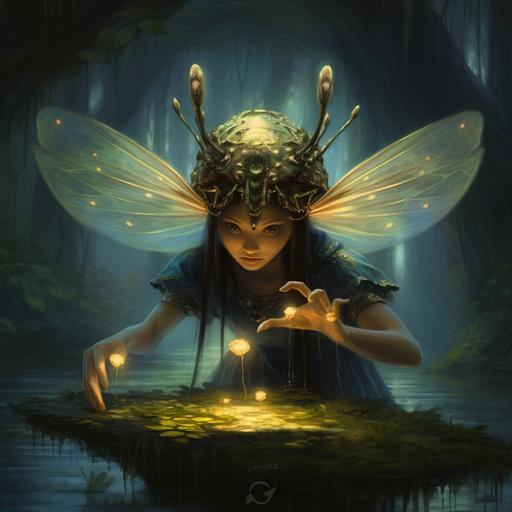 a bug-eyed female fairy, large bug eyes, casting a spell in a magical forest, a lake