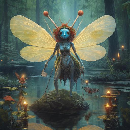 a bug-eyed female fairy, large bug eyes, casting a spell in a magical forest, a lake