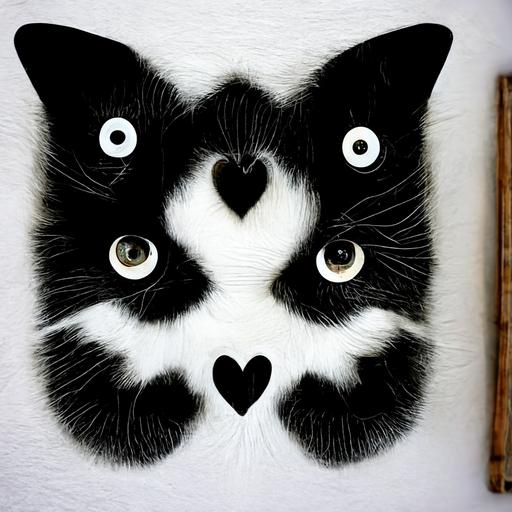 Black and white cat with heart pattern, big eyes, fluffy and fangs
