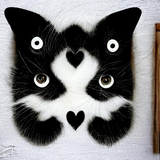 Black and white cat with heart pattern, big eyes, fluffy and fangs