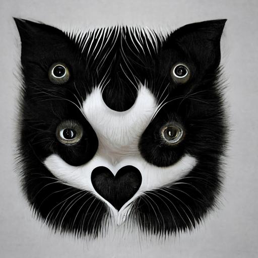 Black and white cat with heart pattern, big eyes, fluffy and fangs --uplight