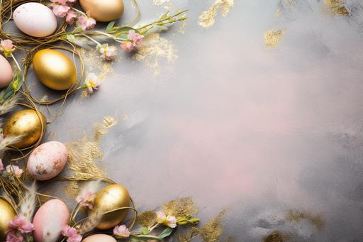 Easter Joyous Festivity - featuring golden and pink painted easter eggs and catkins on concrete table texture, top view, award winning studio photography, professional color grading, soft shadows, no contrast, clean sharp focus, focus stacking, digital photography, Easter concept, easter theme, copy-space, empty space for text, postcard, greeting card design, High quality, --ar 3:2 --v 5.2