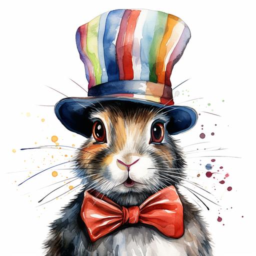 Easter bunny with hat made out of an easter egg, vibrant, black and white colors, radiant colors blending into fur, in the style of hyper - realistic animal illustrations, striped, aquarellist, 32k uhd, realistic watercolors, animalier, on white backdrop