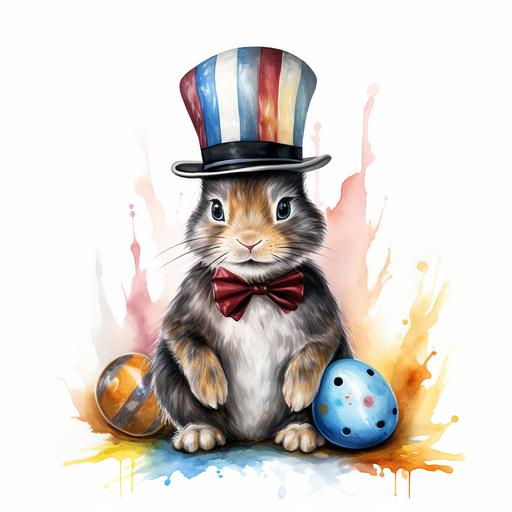 Easter bunny with hat made out of an easter egg, vibrant, black and white colors, radiant colors blending into fur, in the style of hyper - realistic animal illustrations, striped, aquarellist, 32k uhd, realistic watercolors, animalier, on white backdrop