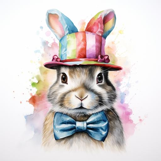 Easter bunny with hat made out of an egg, vibrant, black and white colors, radiant colors blending into fur, in the style of hyper - realistic animal illustrations, striped, aquarellist, 32k uhd, realistic watercolors, animalier, on white backdrop