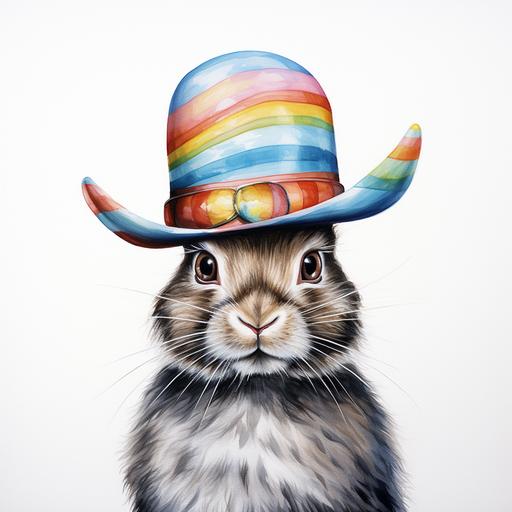 Easter bunny with hat made out of an egg, vibrant, black and white colors, radiant colors blending into fur, in the style of hyper - realistic animal illustrations, striped, aquarellist, 32k uhd, realistic watercolors, animalier, on white backdrop