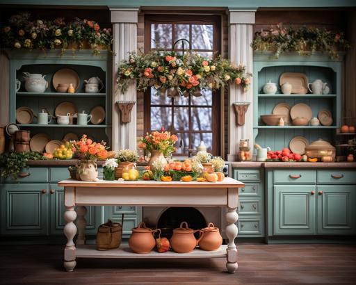Easter farmhouse kitchen photo backdrop in a straight view. Rich colors are used in this photo. This kitchen is in Disney style. It has Easter eggs and flowers in it. There is no people. It has tables and a window. This photo was taken with Canon R5, 35mm lens 8k --style raw --v 5.2 --ar 5:4