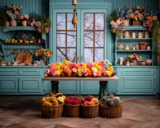 Easter farmhouse kitchen photo backdrop in a straight view. Rich colors are used in this photo. This kitchen is in Disney style. It has Easter eggs and flowers in it. There is no people. It has tables and a window. This photo was taken with Canon R5, 35mm lens 8k --style raw --v 5.2 --ar 5:4