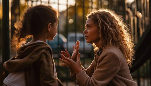 A color photo of a caucasian woman speaking in ASL to a multi-racial child, they are standing in a park by a slide, captured by a photojournalist using a telephoto lens. The lens size should be 200mm, the aperture setting f/4.5, and the ISO 1600. The lighting should be golden hour. The emotional context should be calm, caring, and sweet conveying an understadning between the two individuals. The art medium should be color photography. --ar 7:4 --v 5 --q 2 --s 250