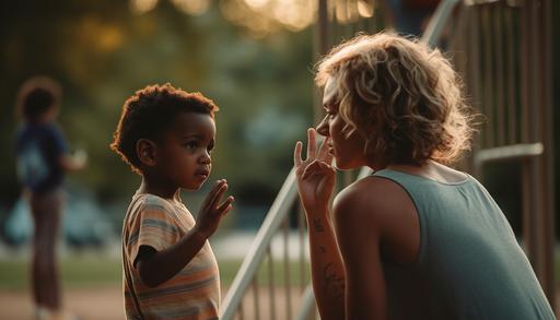 A color photo of a caucasian woman speaking in ASL to a multi-racial child, they are standing in a park by a slide, captured by a photojournalist using a telephoto lens. The lens size should be 200mm, the aperture setting f/4.5, and the ISO 1600. The lighting should be golden hour. The emotional context should be calm, caring, and sweet conveying an understadning between the two individuals. The art medium should be color photography. --ar 7:4 --v 5 --q 2 --s 250
