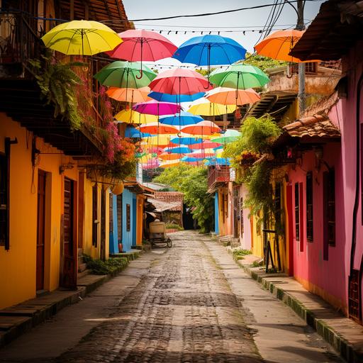 Ecuador, las coloridas y pintorescas calles con sombrillas en el histórico distrito de Getsemani cerca de la ciudad amurallada, Ciudad Amurallada,