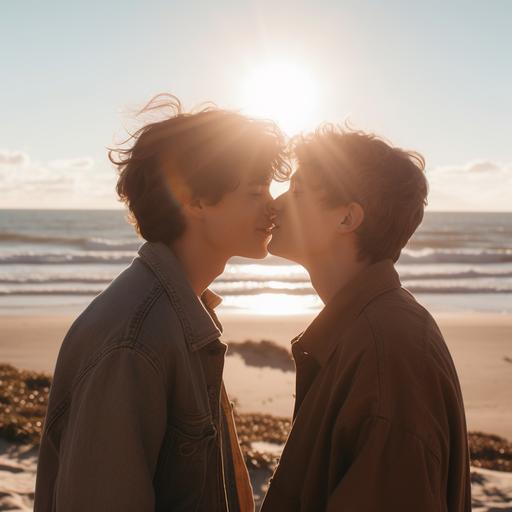 two teen boys kissing in a bright, sun soaked beach landscape --v 5 --s 250