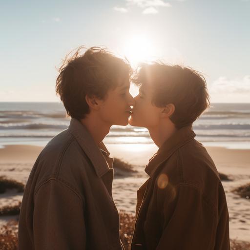 two teen boys kissing in a bright, sun soaked beach landscape --v 5 --s 250