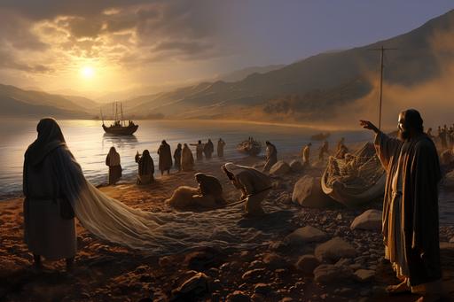 Edge of the Sea of Galilee at dawn, with boats and nets. Jesus extends his hand to fishermen, inviting them.ultra realistic, cinematic