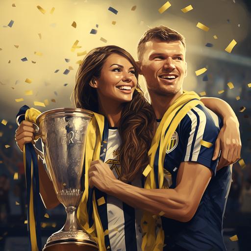 Edin Dzeko , and A woman wearing Fenerbahçe Futbol Club jersey and they are celebrating champions with thropy , fairytale , cartoon , realistic