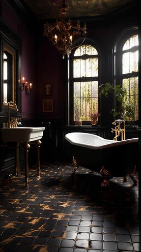 Editorial Style Photo, Eye Level, Modern Luxury, Bathroom, RainFall ShowerHead & Tub, Art Nouveau & Gothic - (Colors: Black, Gold, Deep Jewel Tones) - (Flooring: Checkerboard Marble ) - (Wallpaper: Floral and Nature-inspired Art Nouveau Patterns ) - (Furniture: Clawfoot Tub, Ornate Vanity, Gothic-style Mirrors, Brass Faucets) --ar 9:16 --v 5 --s 750 --q 2