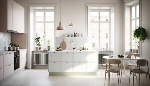 Editorial Style Photo, Eye Level, Scandinavian, Kitchen, Island, Marble and Wood, Appliances and Accessories, White with pops of pastels, IKEA, Natural Light, Stockholm, Midday, Fresh, Contemporary:: Additive::0 --ar 16:9