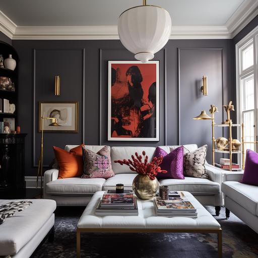 Editorial Style Photography Traditional Modern Eclectic living room black white walls red lavender brass lighting suburbs natural light high resolution portrait