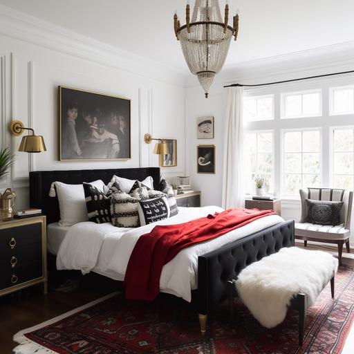 Editorial Style Photography Traditional Modern, Eclectic, haute bohemian, bedroom, black, white walls , red accents, brass chandelier, suburbs, natural light, high resolution