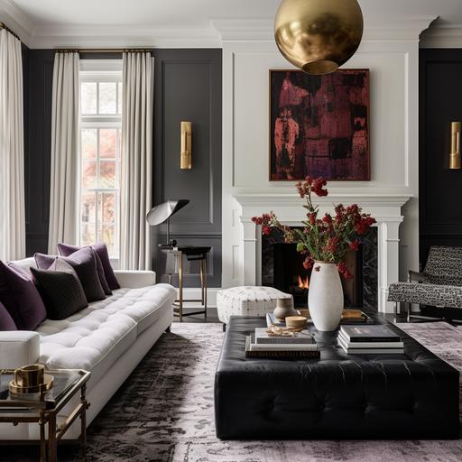 Editorial Style Photography Traditional Modern Eclectic living room black white walls red lavender brass lighting suburbs natural light high resolution portrait