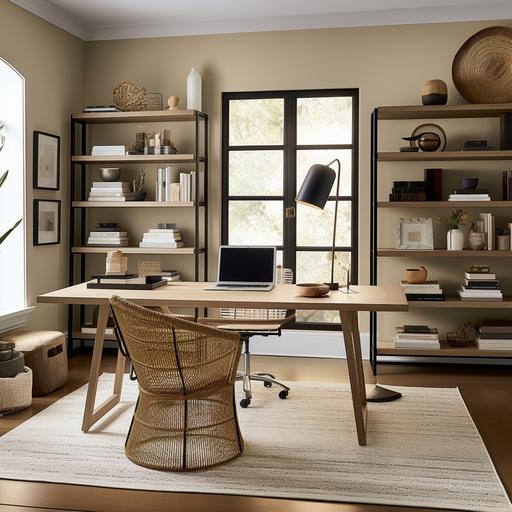 Editorial Style photo, Low-angle, Minimalist, office, office desk, rattan chair, Essex green Benjamin moore walls,Earth tones, bookshelf, sculpture, Accessories, Black and White, Muji, Soft Lighting, California chic, afternoon, area rug, ar 16:9 --stylize 10