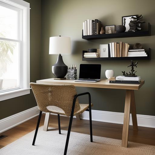 Editorial Style photo, Low-angle, Minimalist, office, office desk, rattan chair, Essex green Benjamin moore walls,Earth tones, bookshelf, sculpture, Accessories, Black and White, Muji, Soft Lighting, California chic, afternoon, area rug, ar 16:9 --stylize 10