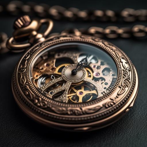 Editorial style photo of an intricately detailed steampunk pocket watch. Depth of field --s 750 --v 5