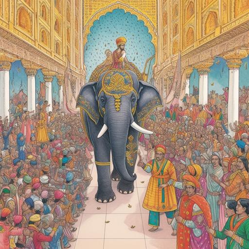 Educational illustration, full body shot, biology textbook line drawing, procession of king akbar through indian crowd, king is seated on a jeweled elephant, people are wearing ethnic clothes, agra fort in background, ethereal lighting, mandala, glorious