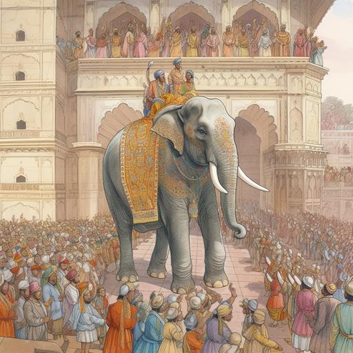 Educational illustration, full body shot, biology textbook line drawing, procession of king akbar through indian crowd, king is seated on a jeweled elephant, people are wearing ethnic clothes, agra fort in background, perspective from a window, ethereal lighting, mandala, glorious