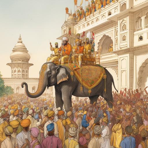 Educational illustration, full body shot, biology textbook line drawing, procession of king akbar through indian crowd, king is seated on a jeweled elephant, people are wearing ethnic clothes, agra fort in background, perspective from a window, ethereal lighting, mandala, glorious