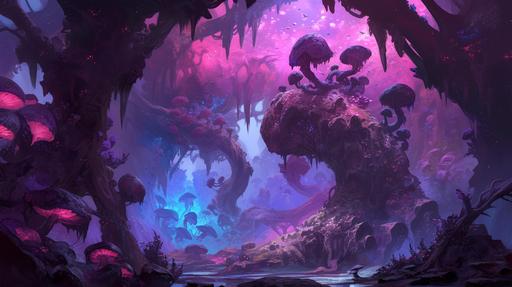 Eerie macabre fantasy passageway design, glowing pink and purple alien species of enchanted mushroom outgrowths strewn along the corridor wall in cavernous tunnels going downward, small drops of liquid dripping onto the floor, insane detail, centralized, Santiago Betancur, fusion of ink and painting, avatar movie-style outlandish flora --ar 16:9 --niji 6