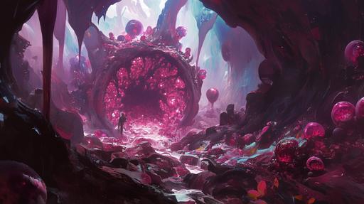 Eerie macabre fantasy passageway design, glowing pink and purple alien species of enchanted mushroom outgrowths strewn along the corridor wall in cavernous tunnels going downward, small drops of liquid dripping onto the floor, insane detail, centralized, Santiago Betancur, fusion of ink and painting, avatar movie-style outlandish flora --ar 16:9 --niji 6