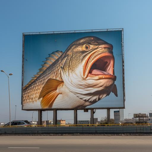 Egyptian President Abdel Fattah El-Sisi behind golden Herring fish photo in the middle of a big white billboard on a highway in Cairo, Egypt 2022, hyperrealistic--v 5.2