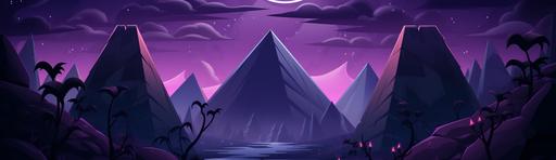 Egyptian pyramids, palm trees, camels, all in a dark purple hue, paint with watercolors, cartoon, linear art, disney, pixar --ar 1930:560 --s 750 --c 100