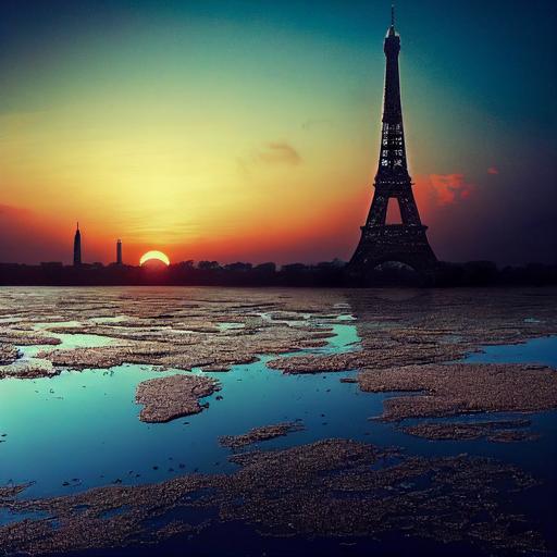 Eiffel Tower getting out in the middle of a lake, water level below the first floor, finely detailed Eiffel Tower, background is a vast, untouched landscape that stretches as far as the eye can see. The ground is a mix of golden sand and patches of dried grass, glistening under the gentle embrace of the setting suna fantastic quite landscape inspiring calm and happiness, cinematic lighting, split lighting, scattering, ray reflection, ambient occlusion, no signature, no watermark, photo realist, --testp --creative --chaos 100