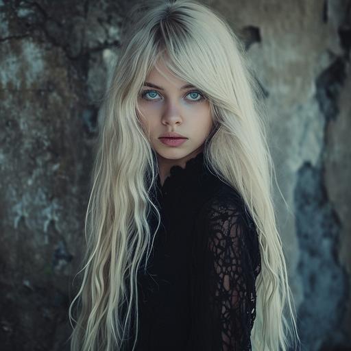 Eine gotische junge frau, lange blonde Haare, blaue Augen, schwarzes Kleid --v 6.0