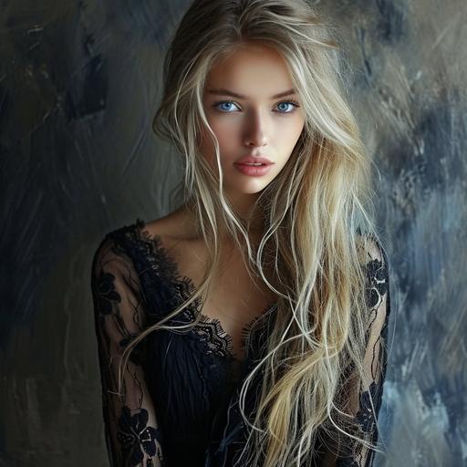 Eine gotische junge frau, lange blonde Haare, blaue Augen, schwarzes Kleid --v 6.0