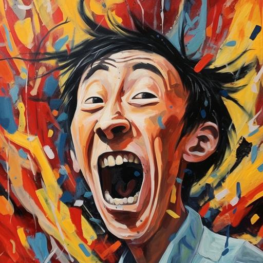 an abstract painting of Asian Man Barking, close up portrait, surreal. whimsical, style of Wysocki --q 2