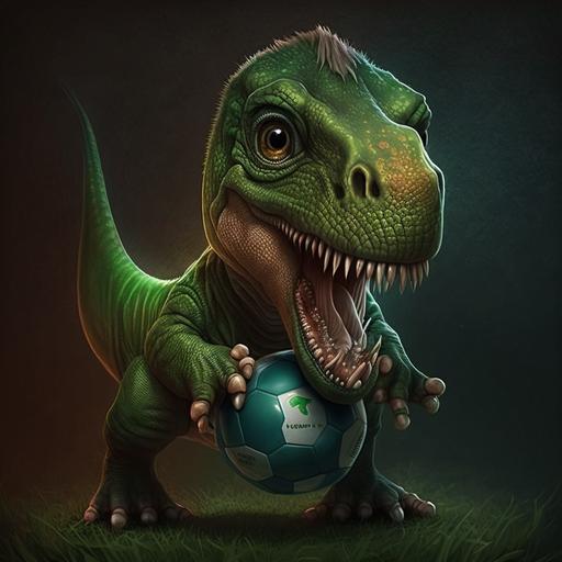 baby dinasour, trex, 4k, realistic, baby, soccer player, cute, with green t shirt