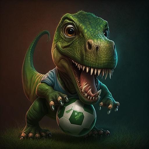 baby dinasour, trex, 4k, realistic, baby, soccer player, cute, with green t shirt