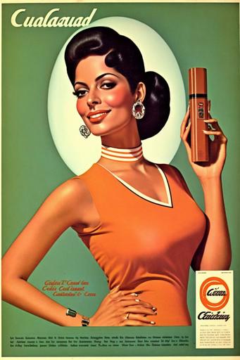 El Producto Cigars magazine advertisement, 1960s, Latina model with curves and muscular arms smoking a cigar, tobacco cigar product photo, chic 1960s cuban fashion, funky retro, mid-century, vintage graphic design, --ar 2:3 --v 4 --q 2
